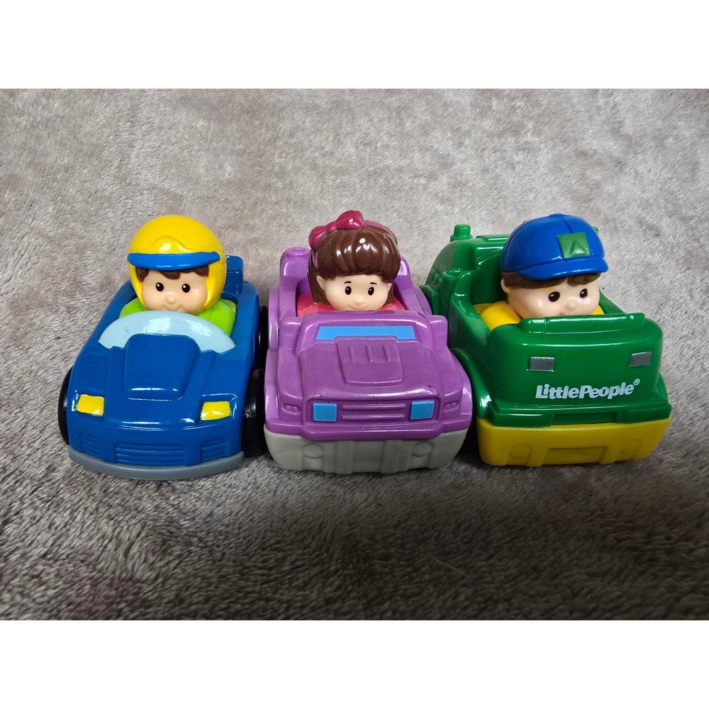 Fisher Price Little People Toy Car Lot Race Car Recycling Truck Purple Car 3pc